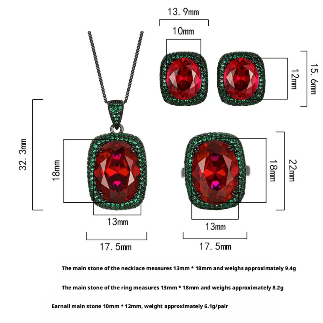 S&S Black Gold Red Corundum Zircon Jewellery Set – Pendant, Ring & Earrings – Collection