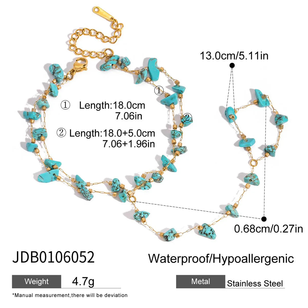 REBEL Jjguoyi Unisex 18K Gold Plated Stainless Steel Blue Turquoise Double-Layer Interlocking Bracelet Fashionable Bangles