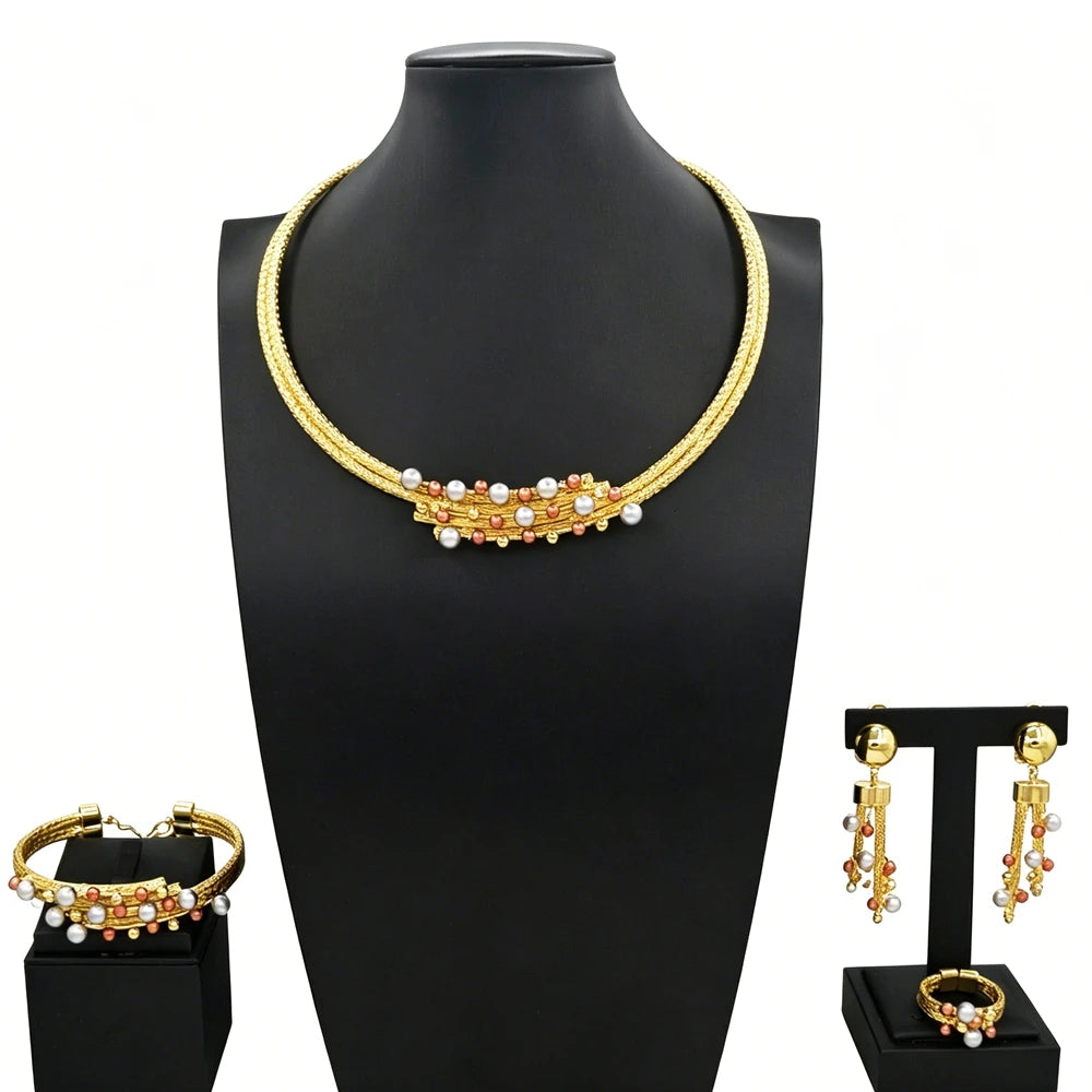Zhuerrui African Italian Gold Plated Jewelry Set Bold Ribbed Twisted Geometric Choker for Women Wedding Banquet HS26006