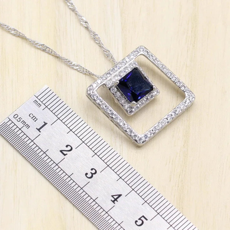 XOTICA Geometric Blue Stones White Gold Plated Jewelry Set for Women Bracelet Long Earrings Ring Necklace Pendant