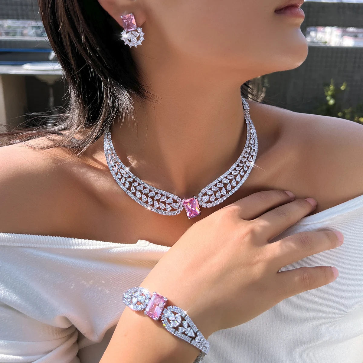 Trendy Water Drop Square CZ Crystal Jewelry Set Pink Cubic Zircon Necklace Earring Bracelet Women Engagement Costume Jewelry Set