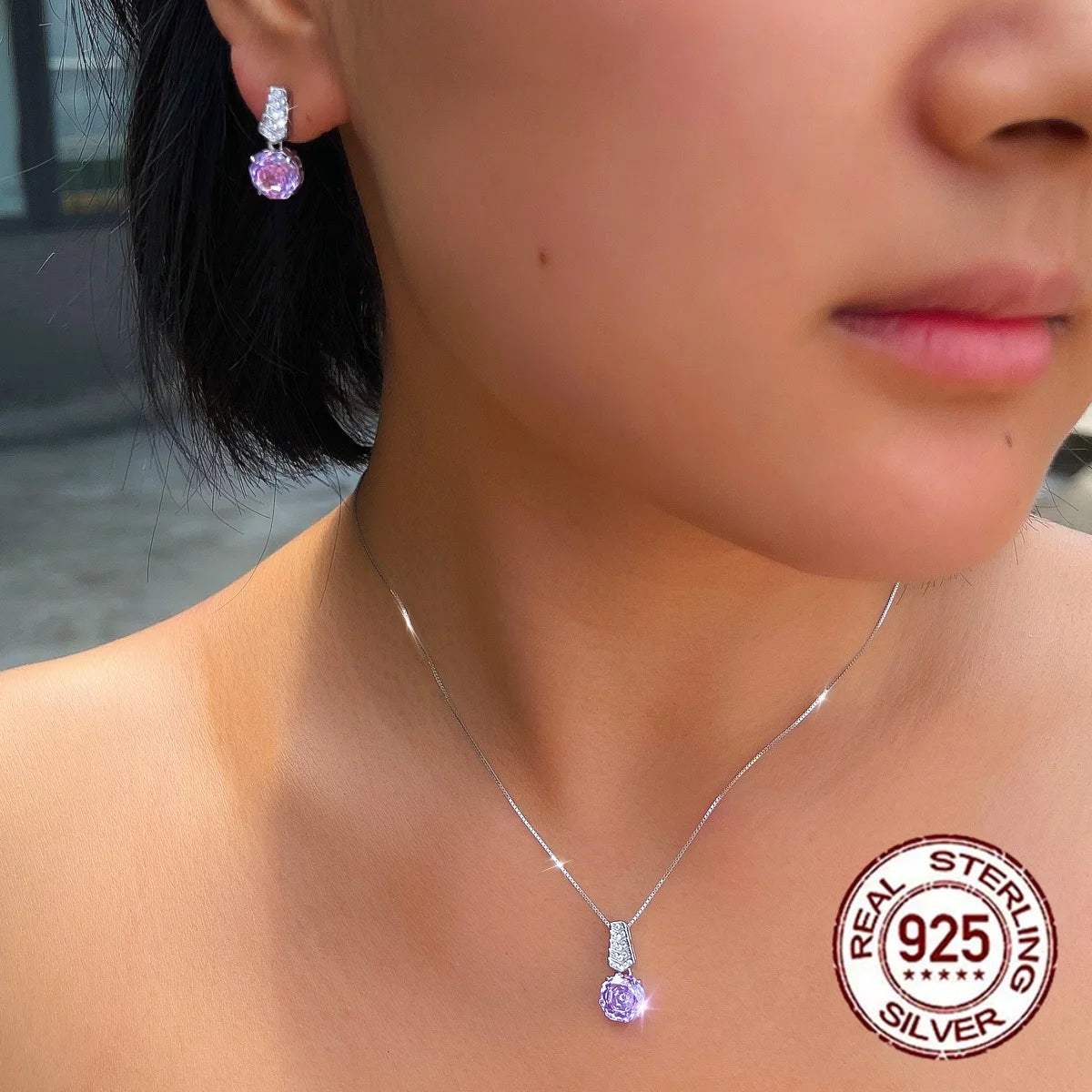 New Arrivals Sparkling High Carbon Rose CZ Flower Cut Cubic Zirconia Necklace and Earrings Purple Jewelry Set for Women