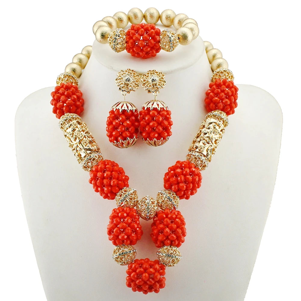 Zhuerrui Striking African Red Crystal Bead Jewelry Set Floral Design Nigerian Bridal Necklace Perfect for Engagement YL70