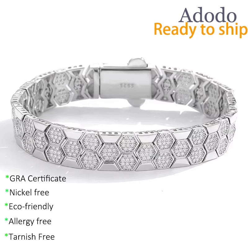 ArtistA 9 Factory 10mm Honeycomb Grid Micro-Pave VVS1 D Color Moissanite 925 Sterling Silver Multi-Size Fashion Design Bangle Bracelets
