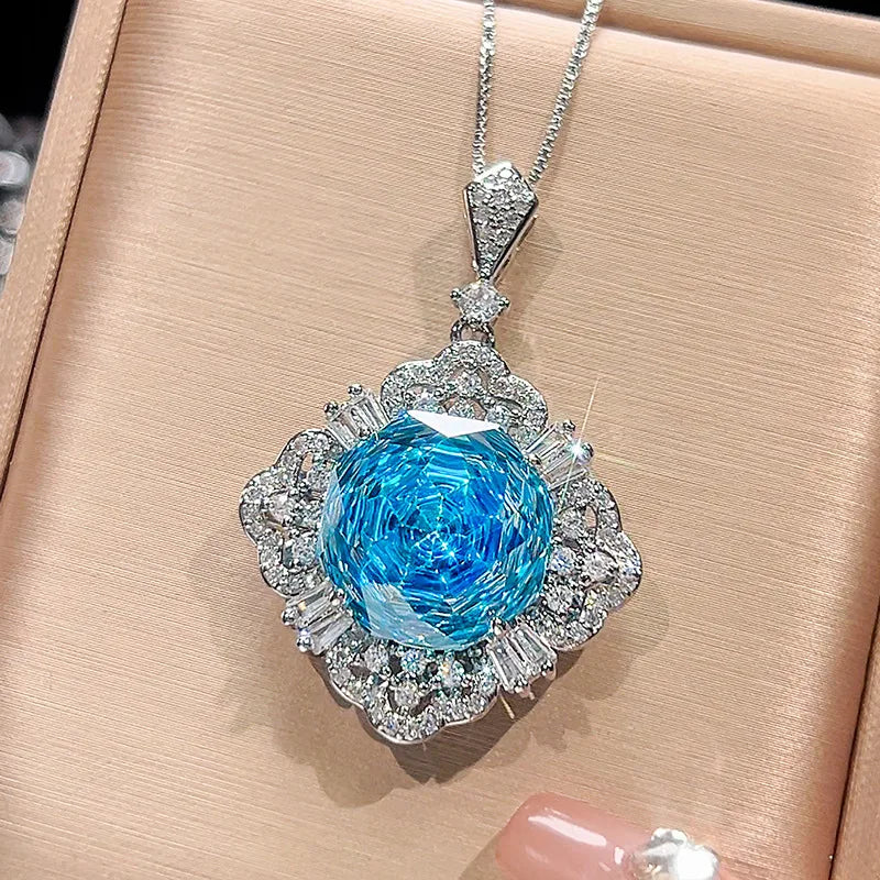 Gemfiori Luxury Korean Style Necklace Ring Earring Sea Blue Zircon French Retro Women's Elegant Set