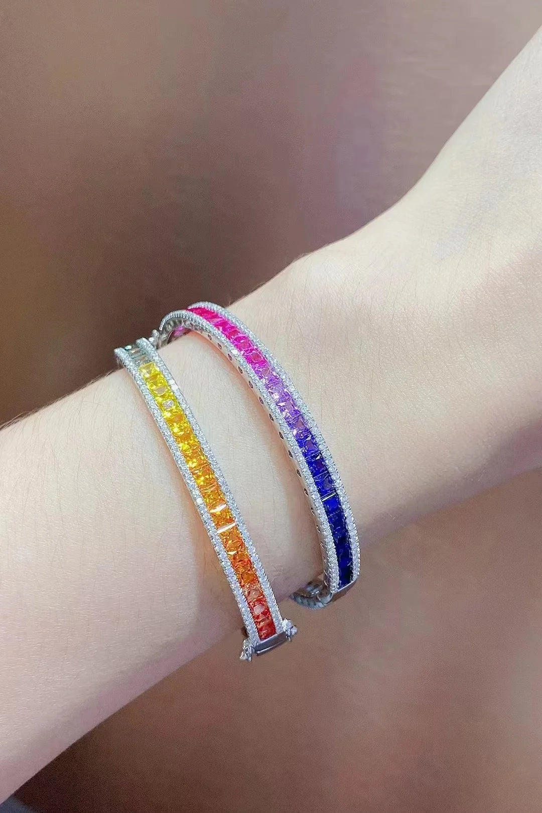 Gemfiori Anster Factory Price Trendy Princess Tennis Bracelet S925 Silver Hand Chain with Colored Sapphire Gemstones Fashion Bracelet