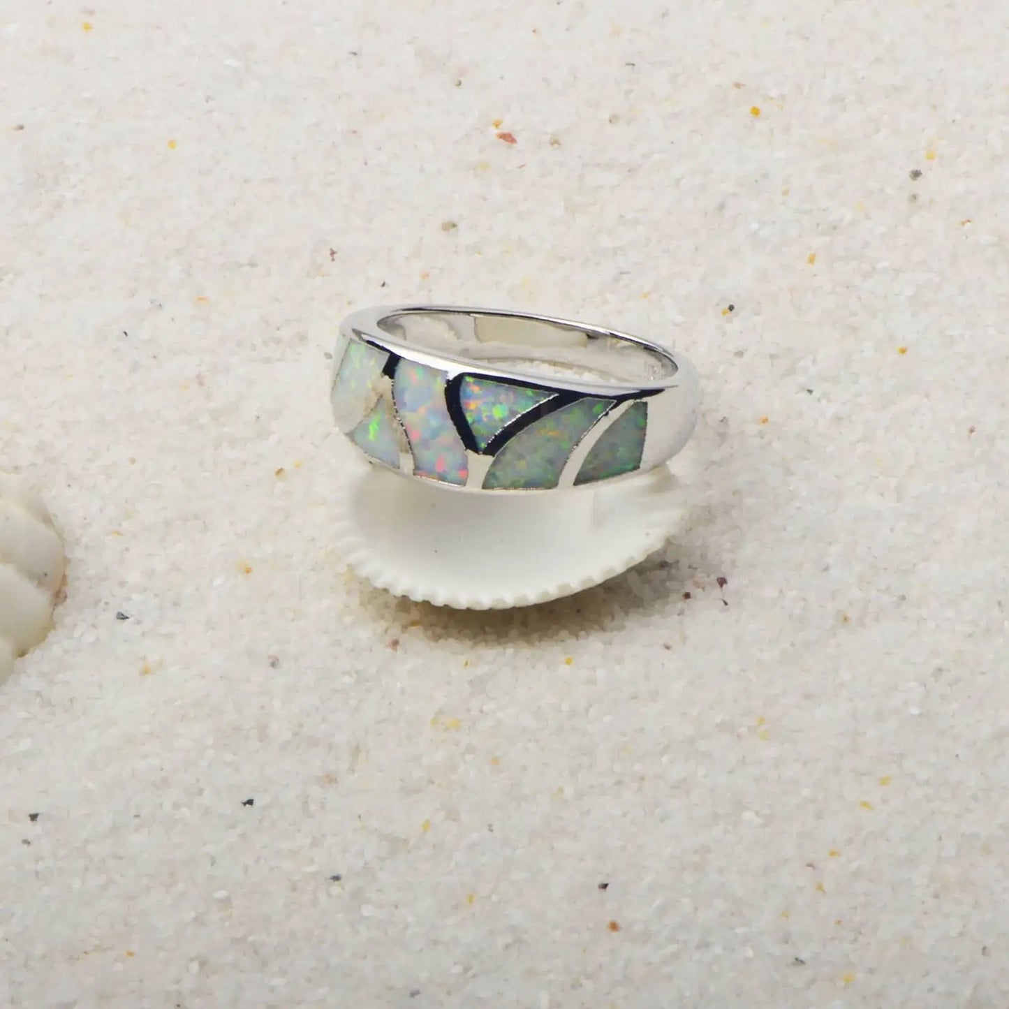 Iridescent Opal Geometric Ring | Sleek Silver Fashion Band
