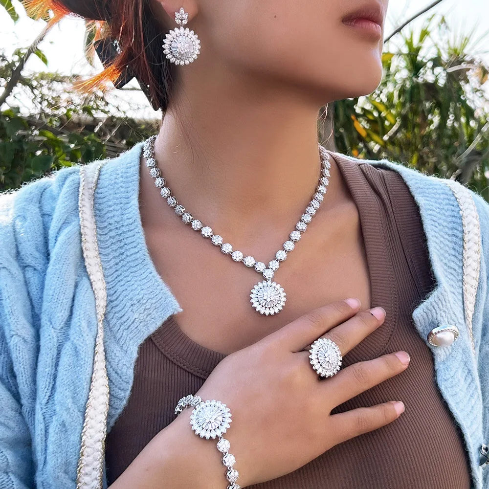Luxury Round-Cut Zirconia 4-Piece Pendant Necklace, Earrings, Bracelet & Ring Bridal Set — Rhodium Plated