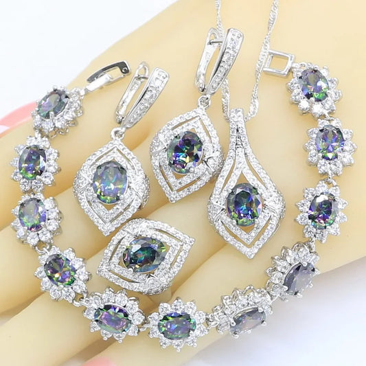 Rainbow Zircon 925 Silver Jewelry Set for Women Classic Bracelet Earrings Ring Gift Box for Wedding Engagement Anniversary