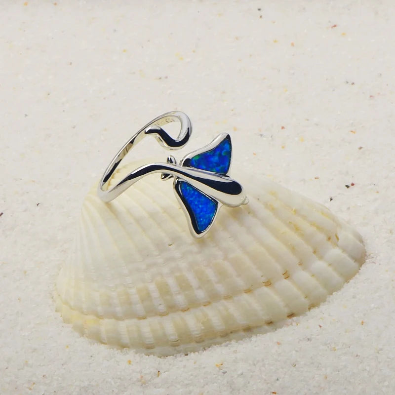 Flower-Shaped Blue Opal Batfish Ring | Iridescent Gem Inlay Band | Modern Silver/Gold Plated Women's Trendy Fashion Jewelry