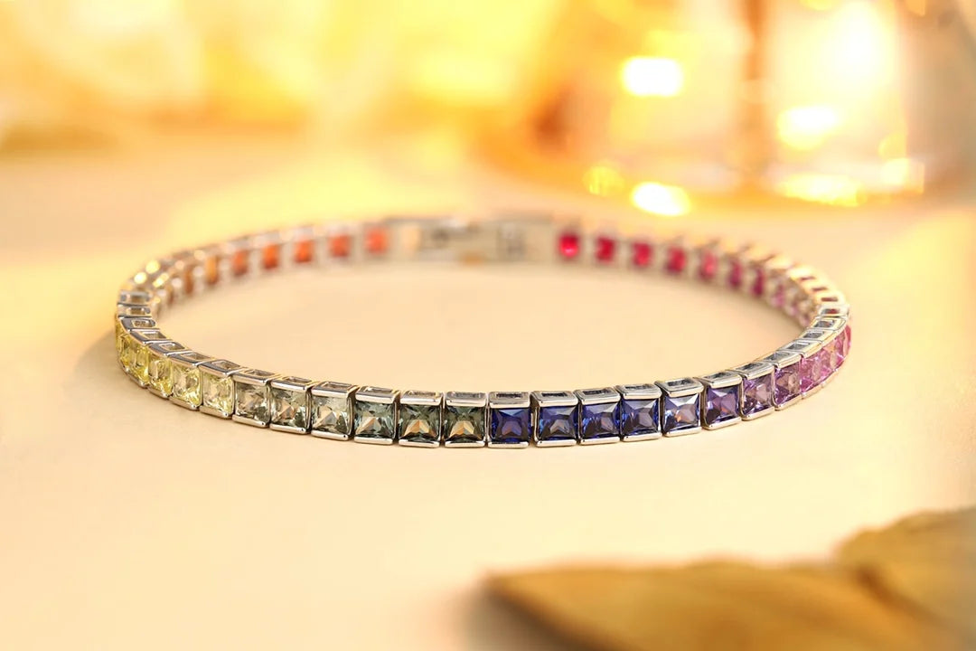 Gemfiori 925 Silver Rainbow Color Lab Grown Sapphire Tennis Bracelet 3.3mm Princess Shape Rainbow Gemstones 17/18/19cm Length Custom