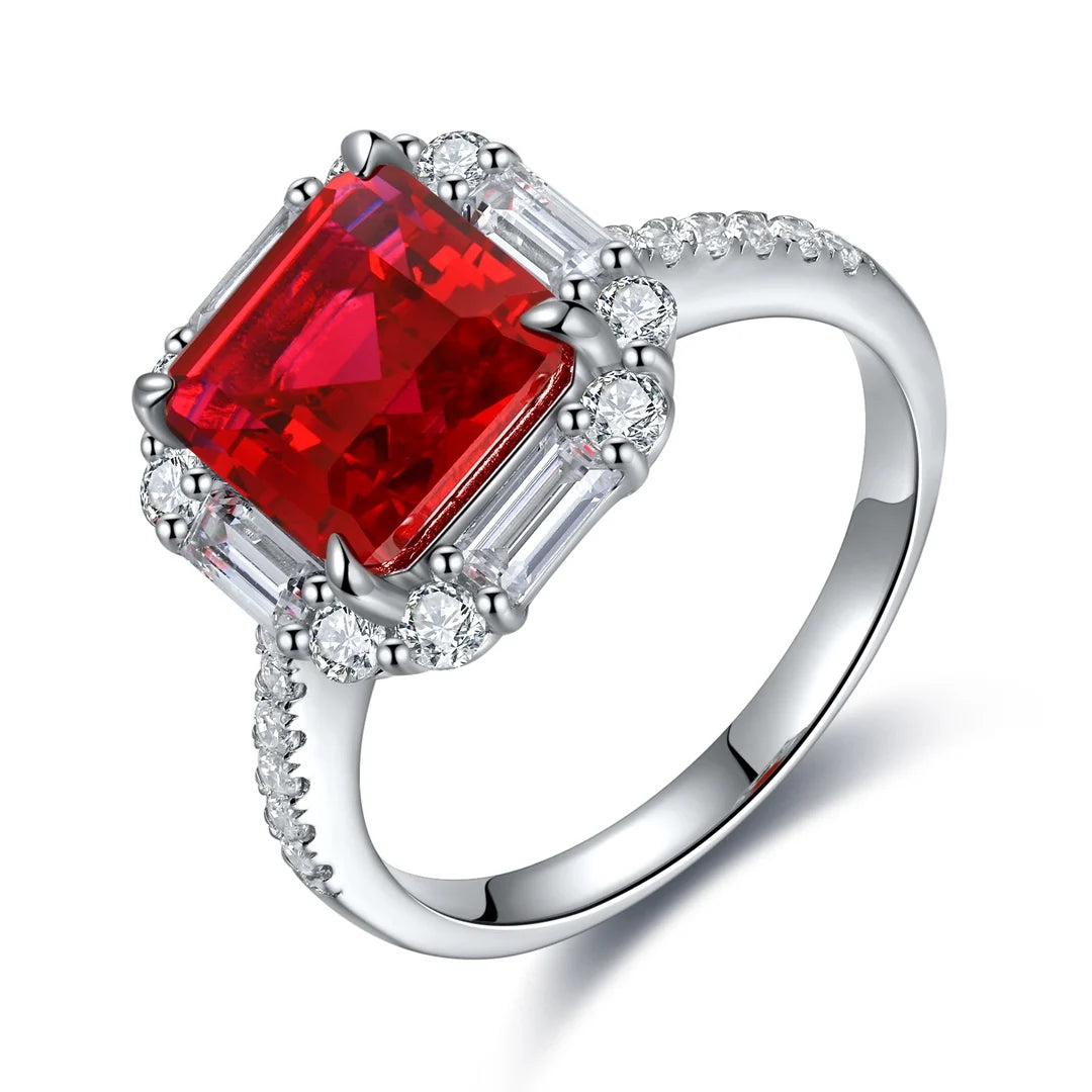 Gemfiori S925 Silver Cultivated Ruby Ring Main Stone: 3.54CT Side Stones: 0.5CT Weight: 3.73g