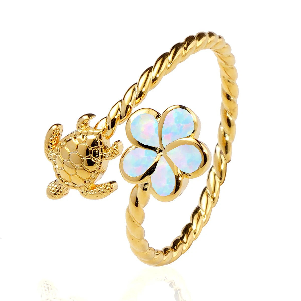Gold Turtle & Opal Clover Ring | Twisted Band Animal Jewelry