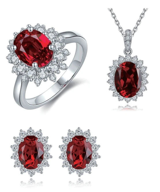 Gemfiori Bridal Jewelry Set Sterling 925 Silver Lab Grown Ruby Ring Necklace Earrings Ladies' Jewelry Set for Her Weddings Party
