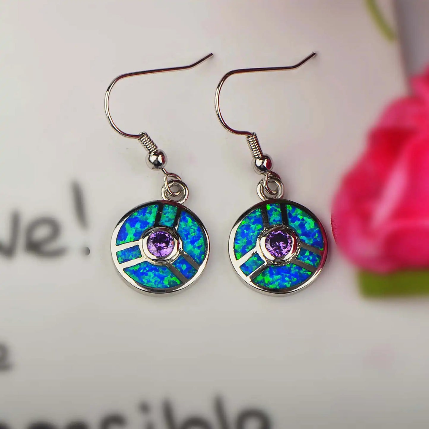 Stained-Glass Style Opal Drop Earrings - Blue Fire Opal & Amethyst Center | Artistic Daily Jewelry Bulk Gifts