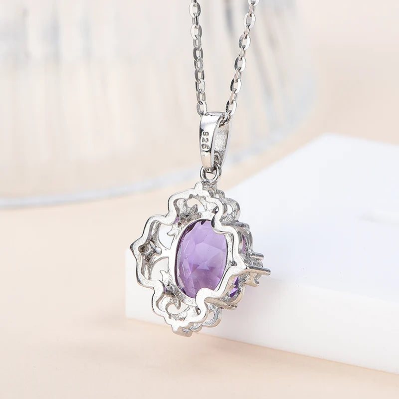 Gioiellieri Handmade 925 Sterling Silver Natural Amethyst Pendant Purple Crystal Healing Stone Necklace Trendy Jewelry for Party or Gift