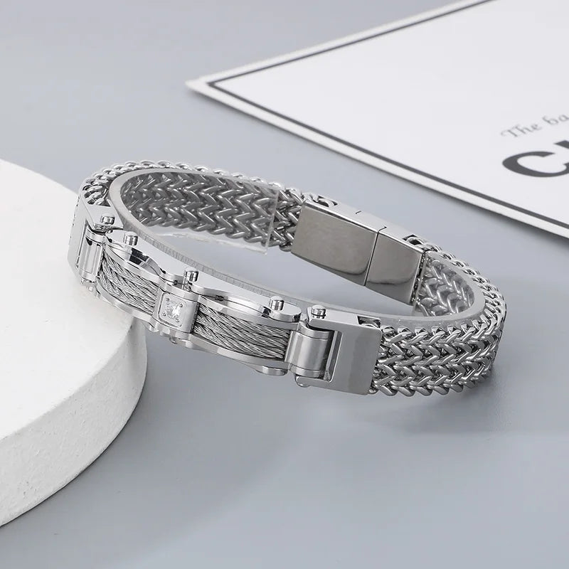 REBEL Unisex Trendy Jewelry Fashion Bracelets Stainless Steel Rhinestone Herringbone Bracelet Bangle