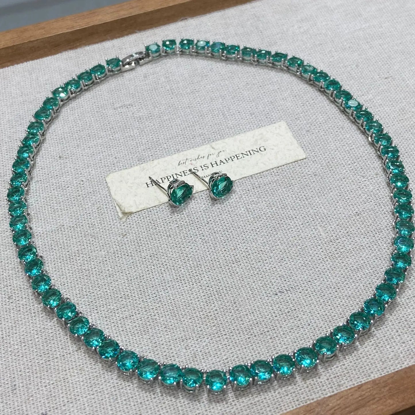 Blue-Green Cubic Zirconia Tennis Chain Necklace & Stud Earrings Set — Rhodium Plated
