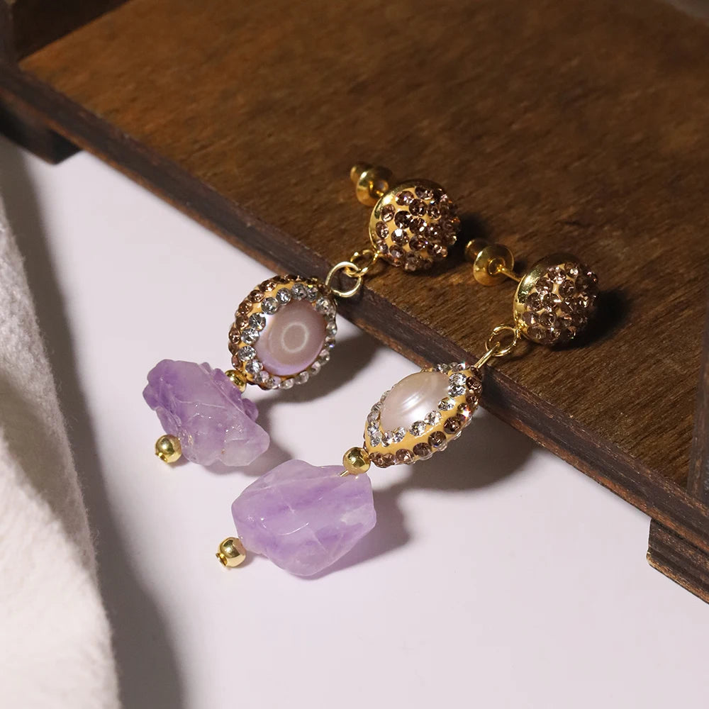 Natural Baroque Pearl Amethyst Pendant Earrings for Women Korean Classic Vintage Fashion Jewelry Stud Earrings GE1604