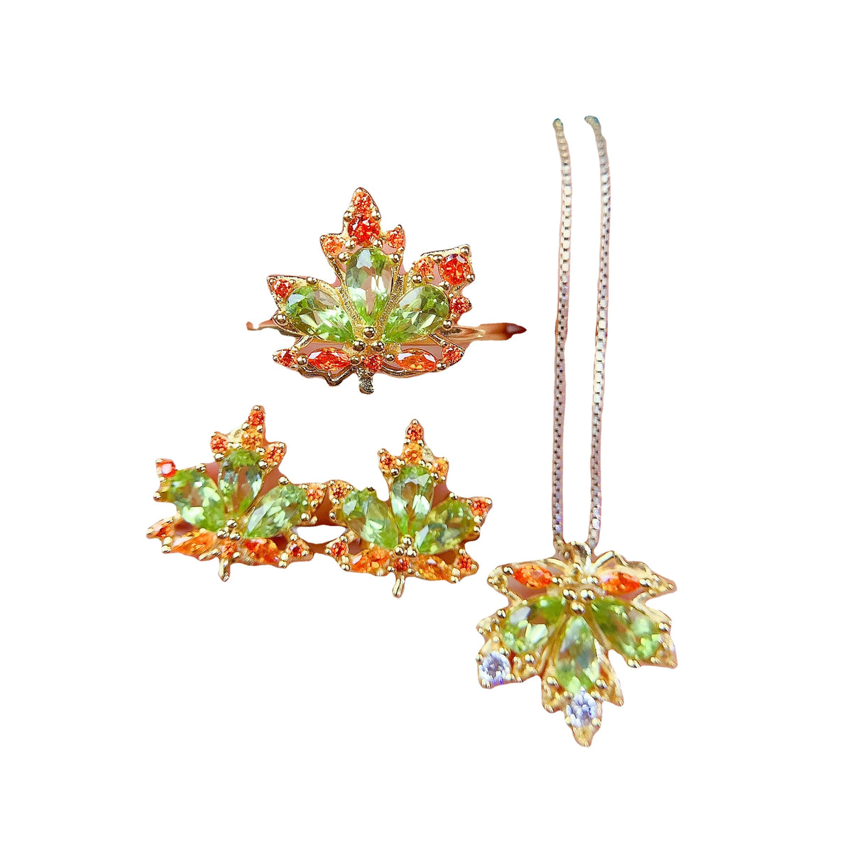 S&S Natural Peridot 925 Silver Gold Plated Jewellery Set | Minimalist Ring, Earrings & Necklace | S&S Collection