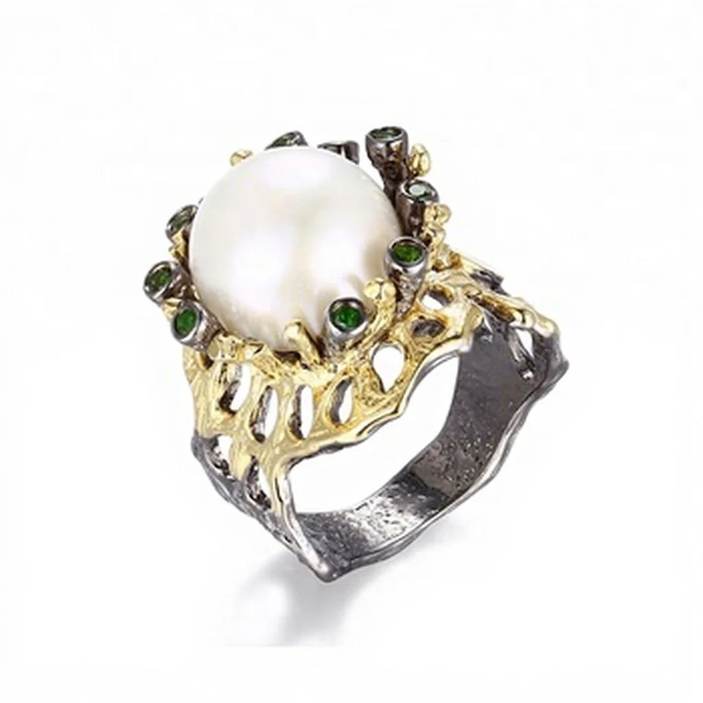 Perfect Baroque Button Pearl 925 Sterling Silver Jewelry Black Ring