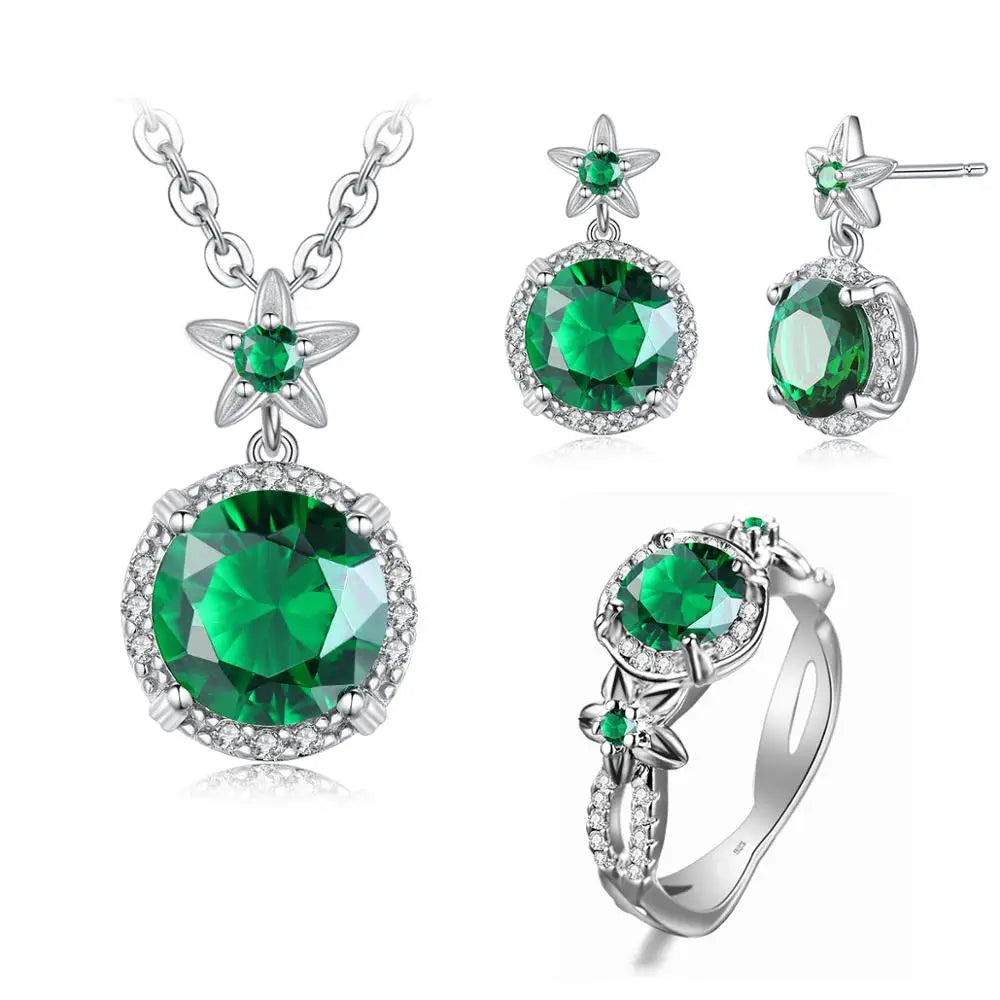 Szjinao Vintage Jewelry Manufacturer Women's Boho Flower Earrings and Pendant Set 925 Sterling Silver Emerald Engagement Style