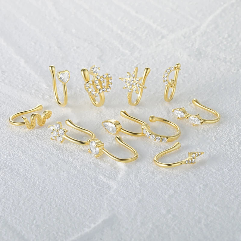 S&S 925 Silver Gold Plated Zircon Nose Cuff | Non-Piercing Flower Moon Star Heart