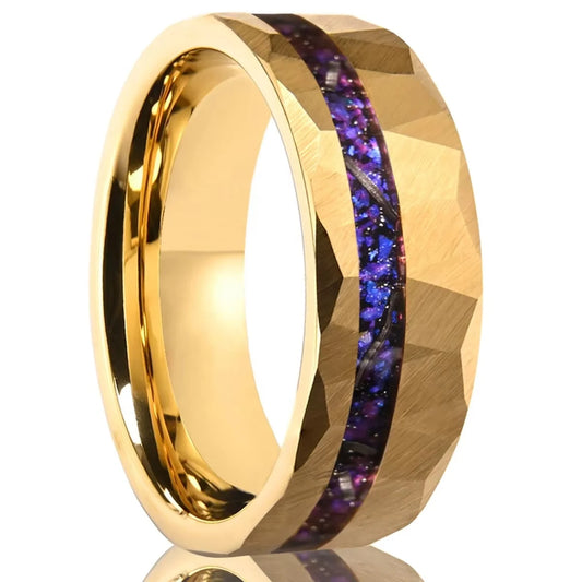 OAHLAN 8mm Hammered 18K Gold Plated Tungsten Carbide Ring Galaxy Blue Purple Opal Inlay Womens Mens Wedding Band Fashion Jewelry