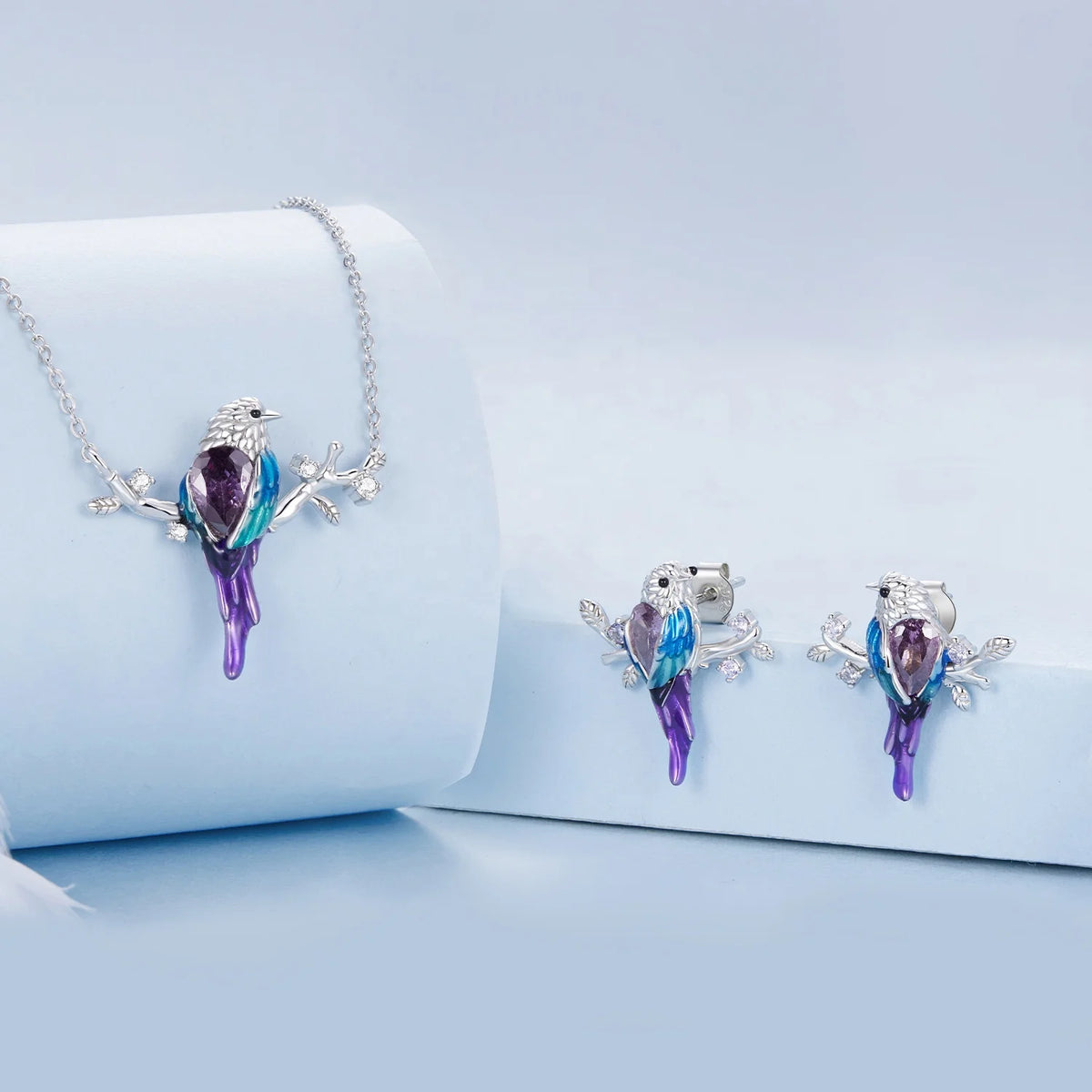 S&S 925 Silver Enamel Kingfisher Jewellery Set – Necklace, Pendant & Earrings – Platinum Plated – Collection