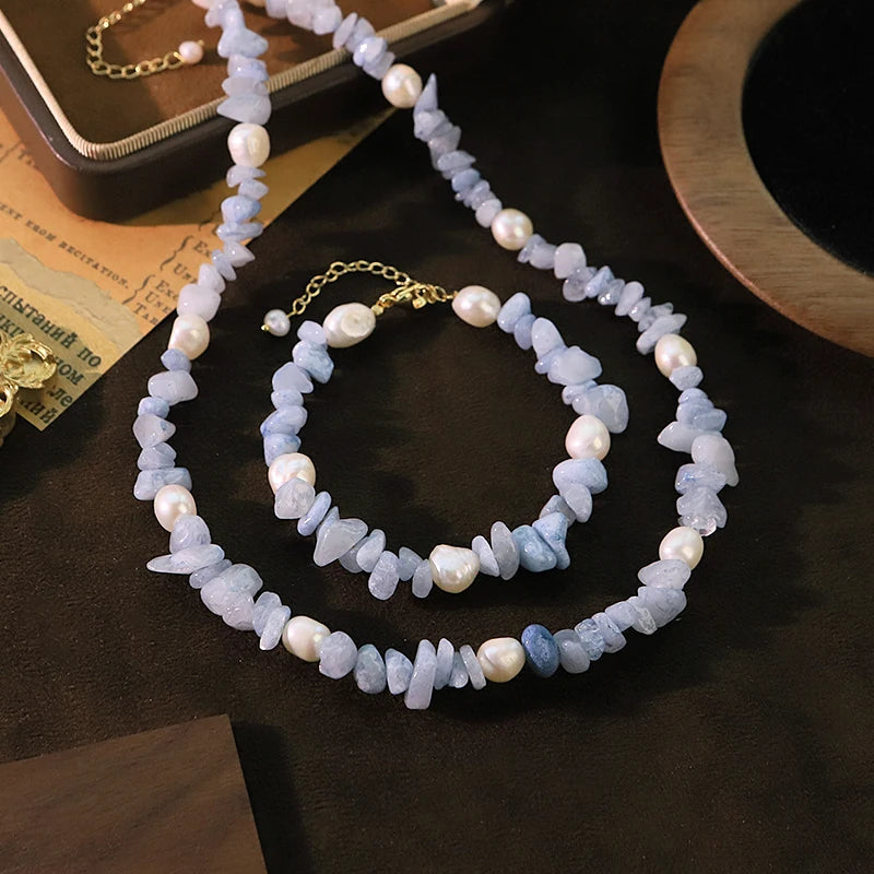 Natural Freshwater Pearl Blue Natural Stone Jewelry  Set for Women Festivals  Necklace Bracelet Set for Women Bohemian Jewelry