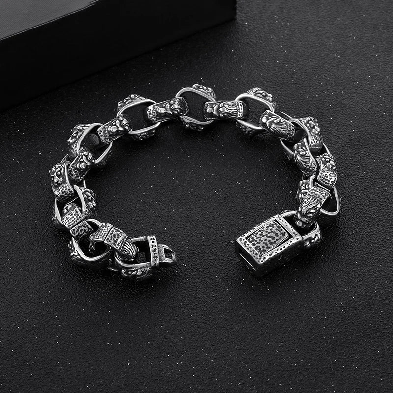 KALEN 220mm Men Punk Stainless Steel Lion Head Patterns Oval Links Bracelet