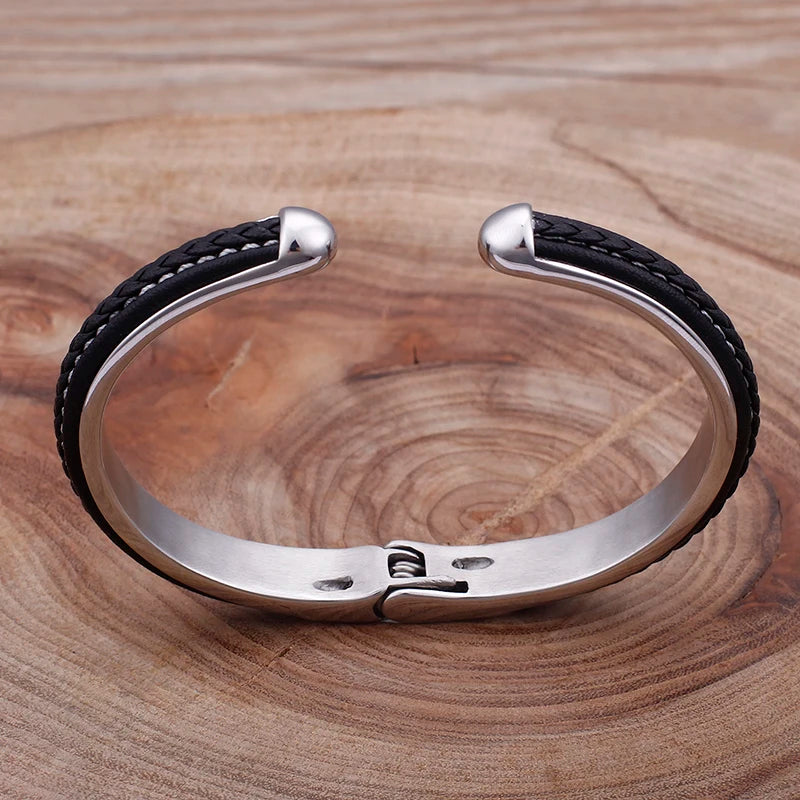 KALEN Stainless Steel Black Leather Bangle Charm Cuff Bracelets & Bangles for Men