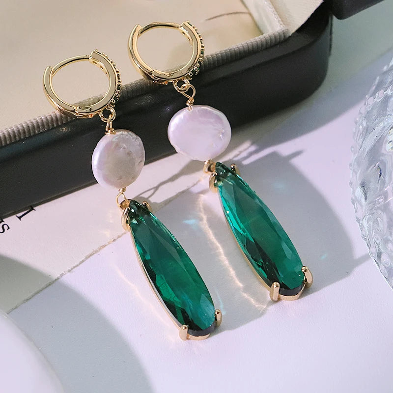 Emerald Green Water Drop Natural Pearl Pendant Earrings Green Zircon Inlaid Earrings Banquet Gift for Women Jewelry GE1193