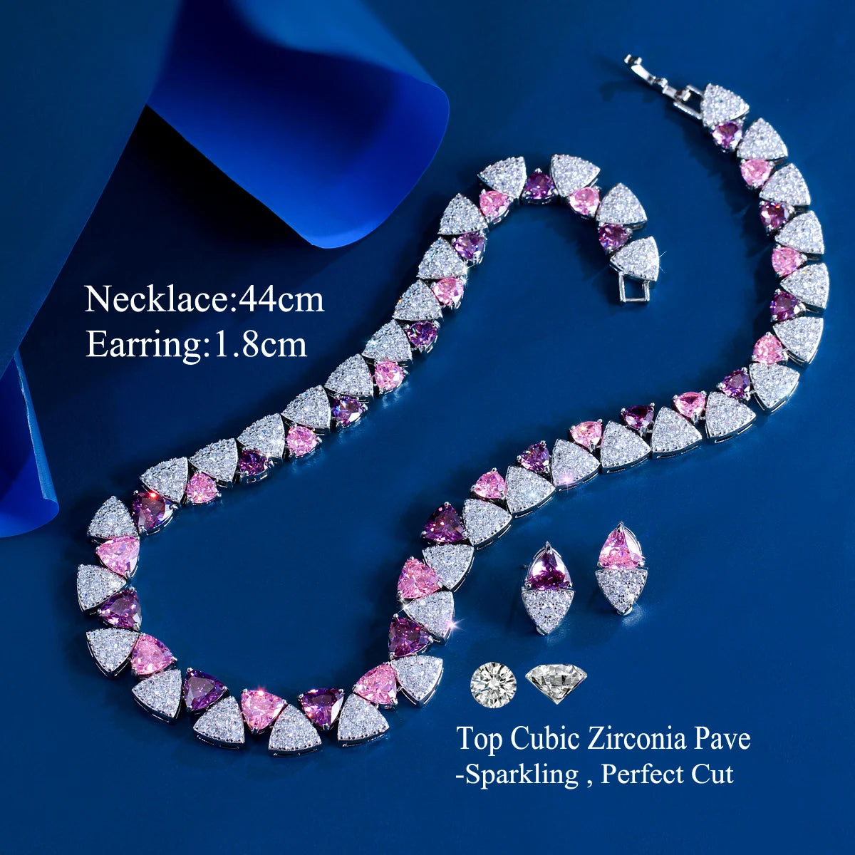 Geometric White Pink Purple Triangle Cubic Zircon Wedding Necklace Earrings 2Pcs Jewelry Set for Women Evening Party Accessory