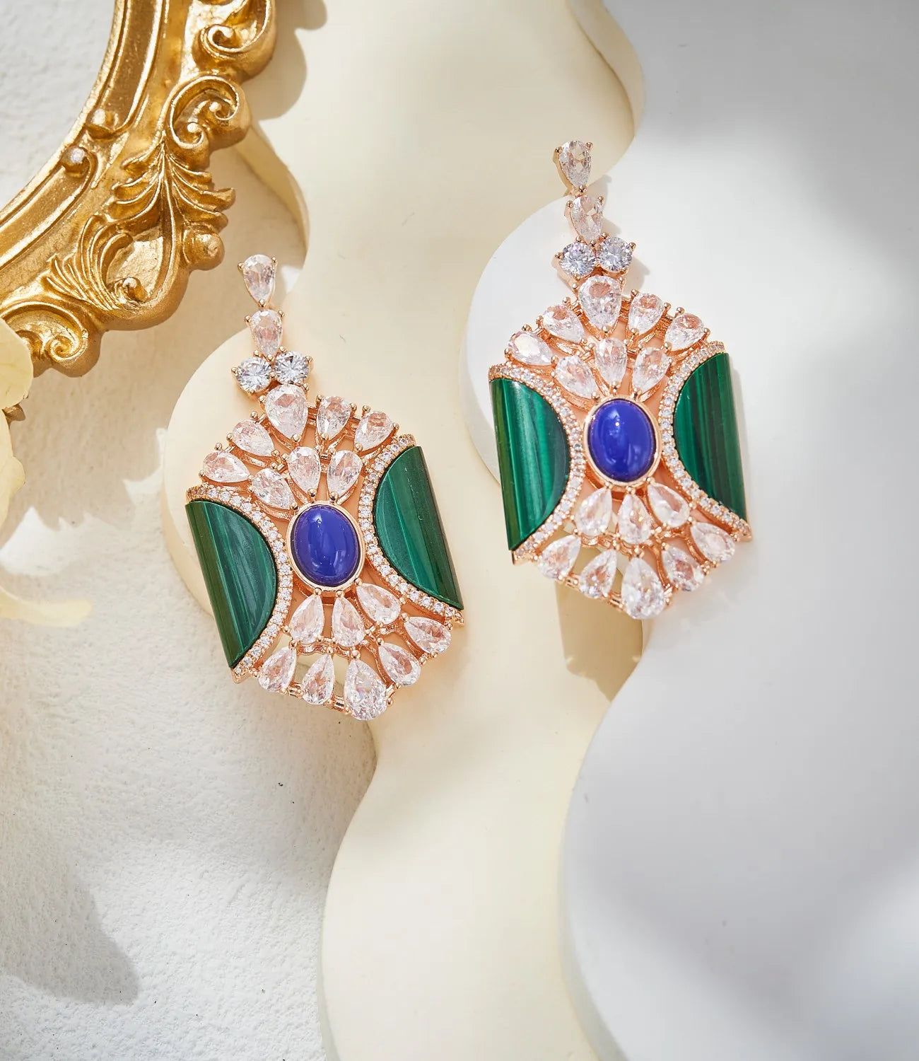 Luxury Green Malachite & Blue Stone Claw-Set Long Tassel Pendant Necklace & Earrings Dubai Bridal Set — Rose Gold Plated