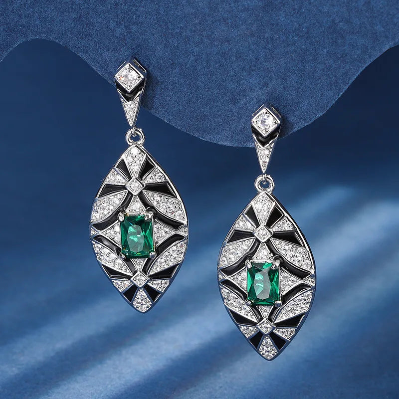 Gemfiori Vintage Charm Pendant Earring Set with Leaf Charm and High End Jewelry Inlaid with Square Zircon Jewelry