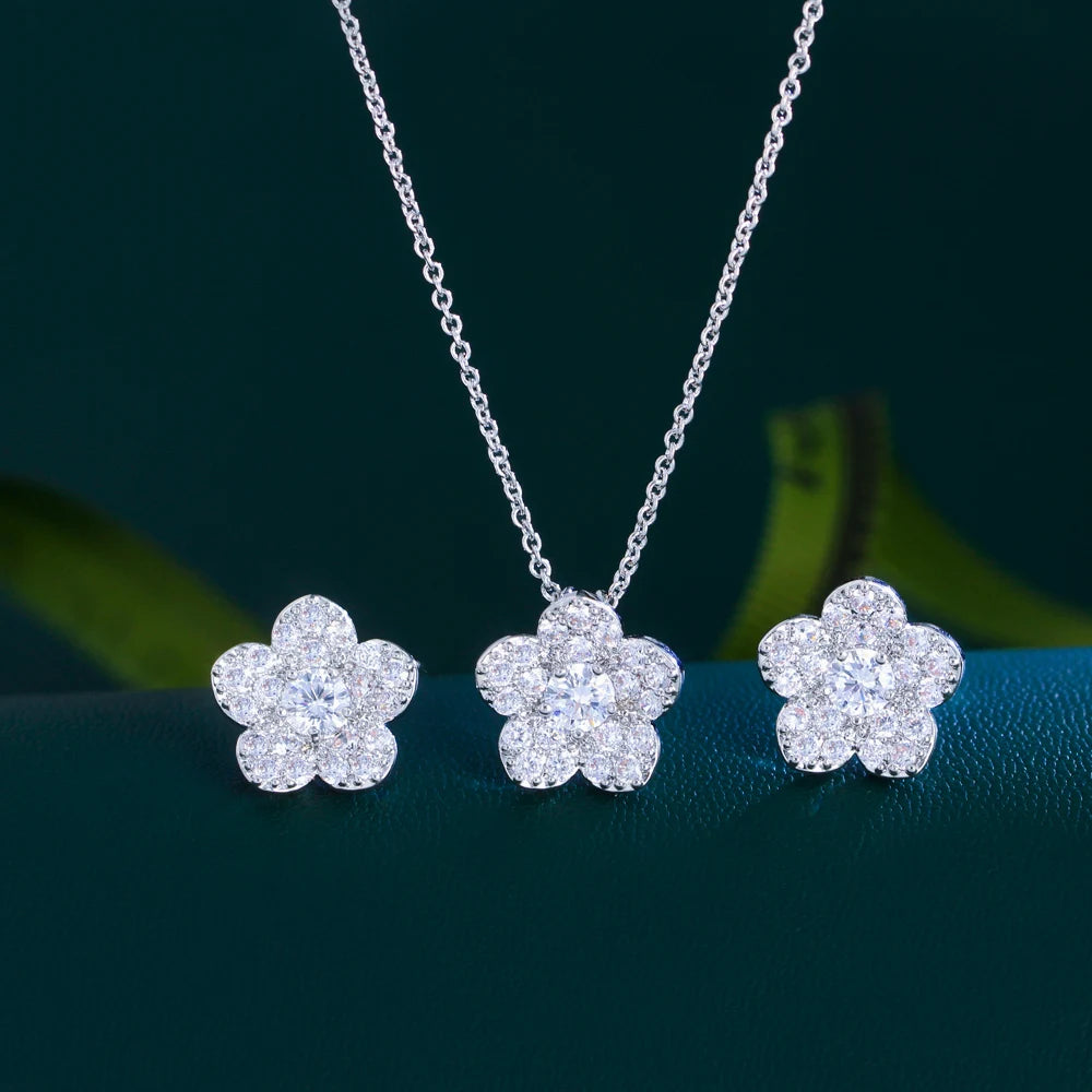 S&S Flower CZ Necklace & Earrings Set – Red, Blue, White & Green – Collection