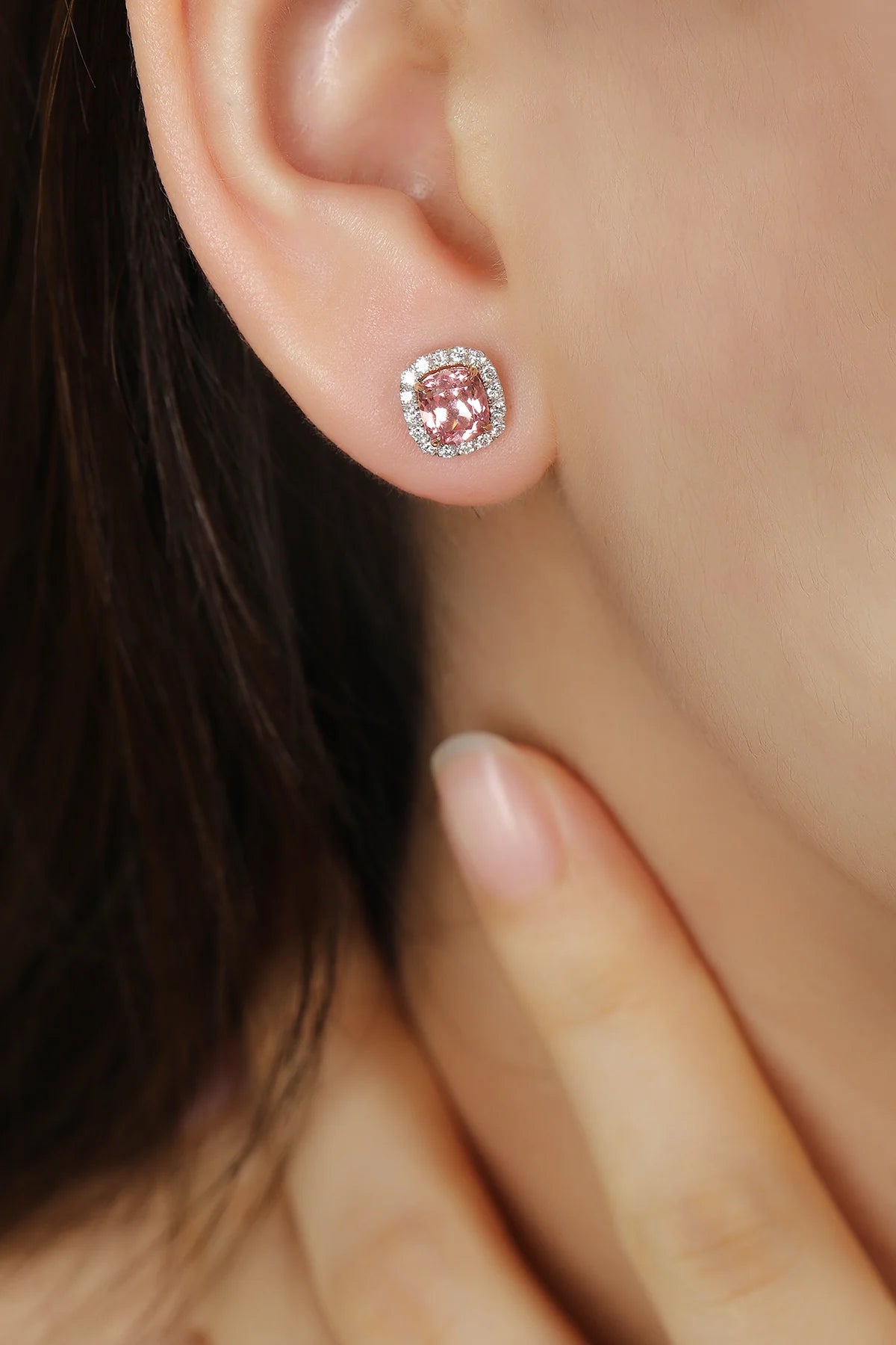 Gemfiori 18K Gold Lab Grown Padparadscha Stud Earrings Cushion Cut Brilliant Sparkle for Fashion Dinner Party