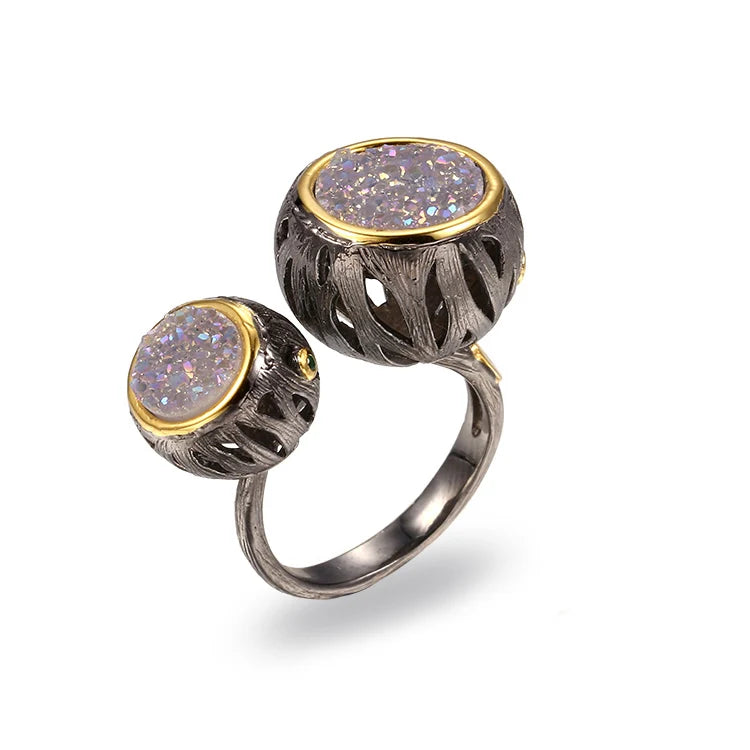 Special Drum Design Handmade 925 Sterling Silver Ring With Sand Quartz
