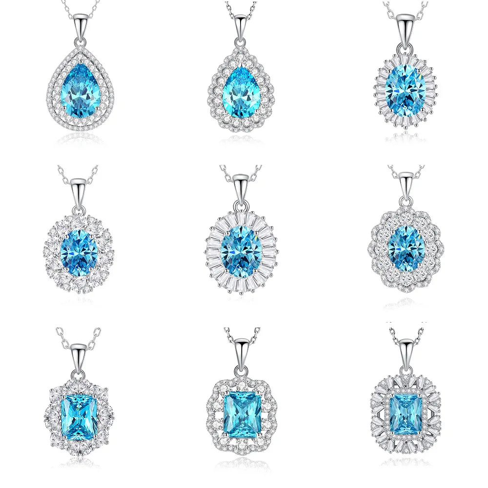 925 Sterling Silver Classic Square Blue Zircon Pendant Necklace | Luxury Blue Stone Clavicle Chain Birthday Gift for Women