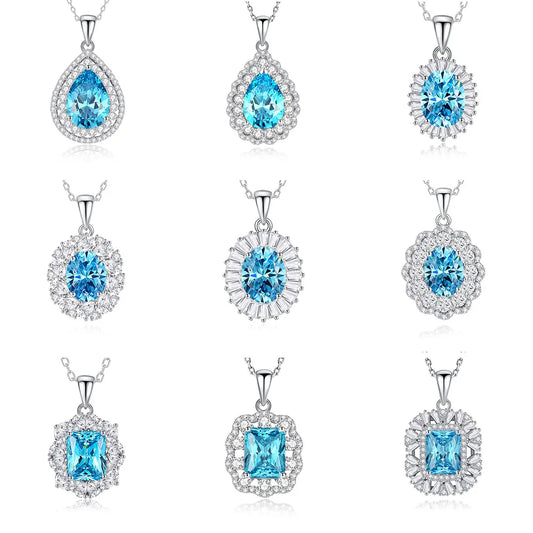 925 Sterling Silver Classic Square Blue Zircon Pendant Necklace | Luxury Blue Stone Clavicle Chain Birthday Gift for Women