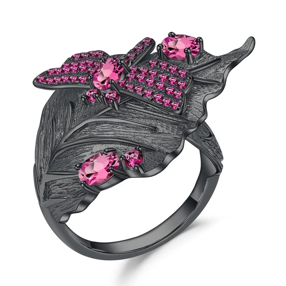 ArtistA Abiding Factory Original Design Black Gun Plated 925 Silver Leaf Shape Rhodolite Garnet Fine Jewelry Set for Women