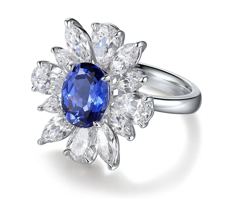 Gemfiori S925 Silver Cultivated Sapphire Ring Main Stone: 2.14CT Side Stones:6.6CT Weight:5.03 g