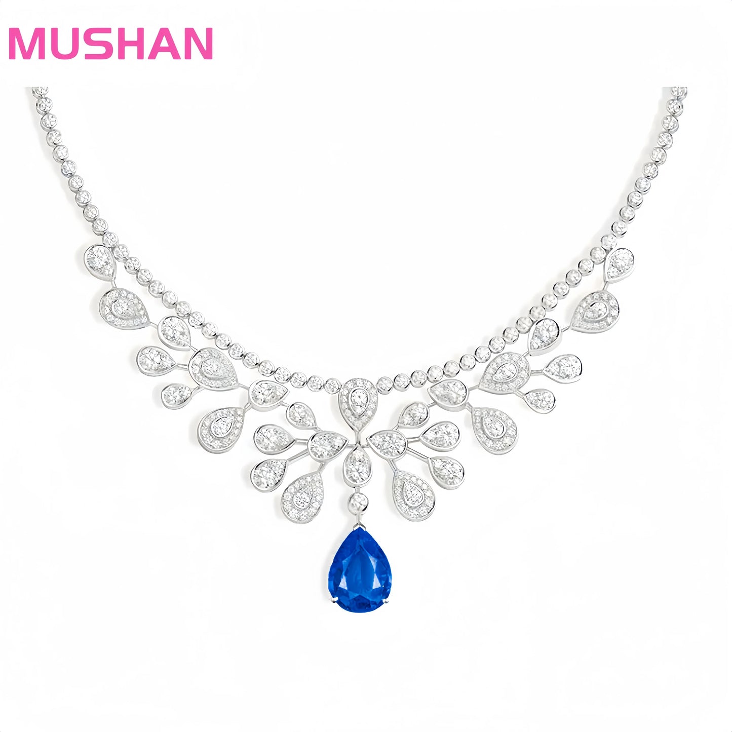MUSHAN Jewelry Factory 925 Silver Necklaces Party Jewelry High Carbon Diamond and Water Drop Synthetic Sapphire Pendant Necklace