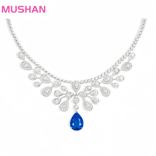 MUSHAN Jewelry Factory 925 Silver Necklaces Party Jewelry High Carbon Diamond and Water Drop Synthetic Sapphire Pendant Necklace