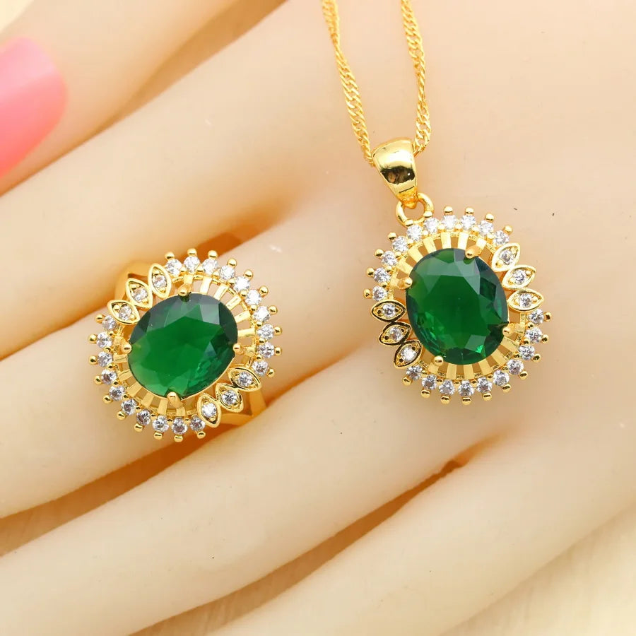 XOTICA 18K Gold Plated Alloy Emerald Jewelry Set for Women Wedding Engagement Anniversary Party Necklace Earrings Bracelet Ring Gift