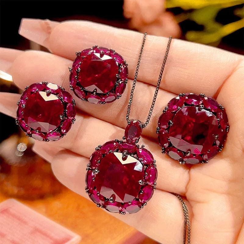 REDheart Electroplated Black Inlaid Pearl Flower Design Women's Trendy Activity Ring Simulation Square Texture Necklace Pendant Set