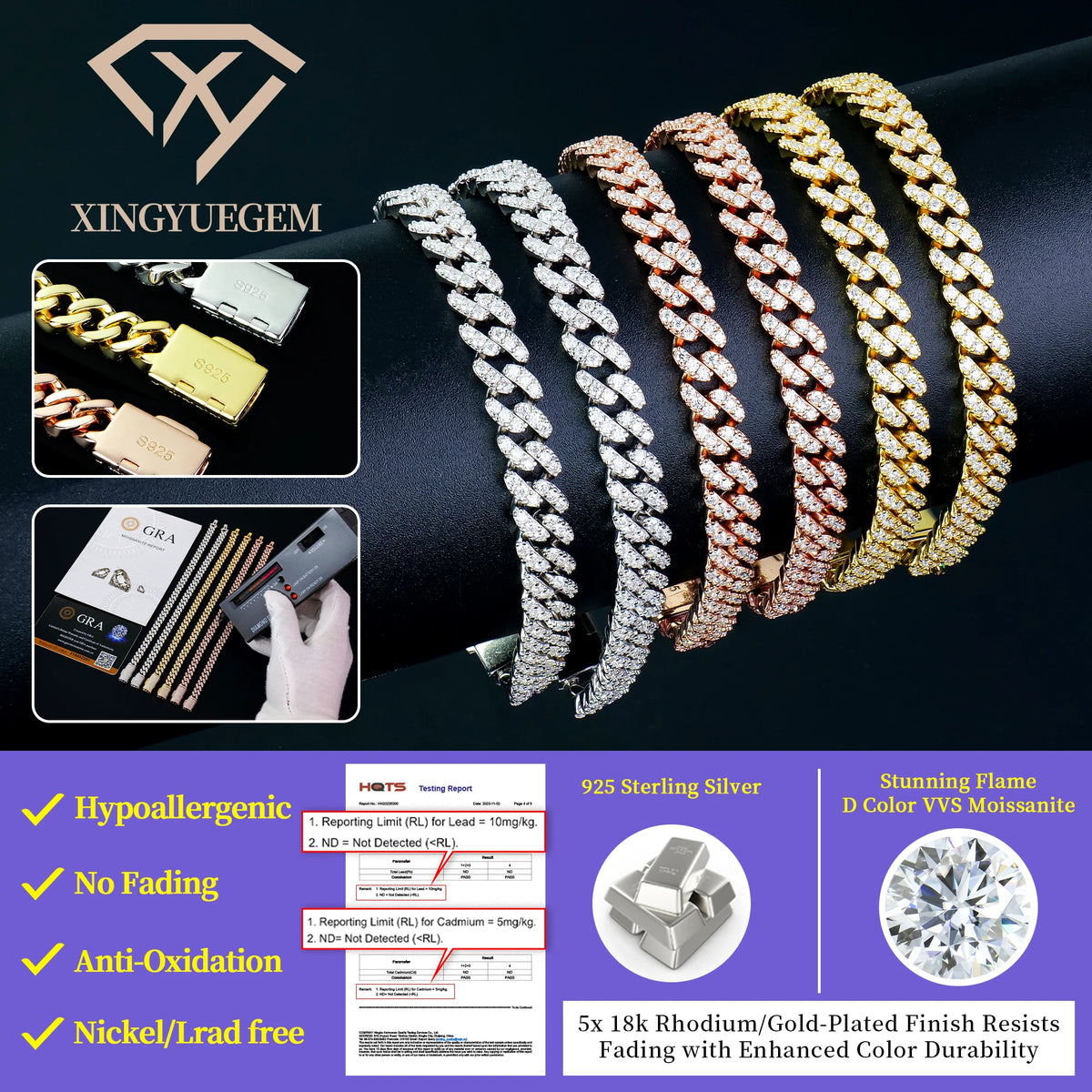 Gemfiori Mens Cuban Link Chain Bracelet 6mm Width S925 Silver Plated White /Yellow /Rose Gold Plated, Iced Out with Moissanite Stone EV