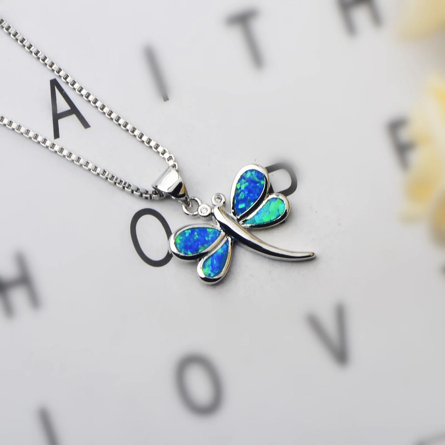 Minimalist Blue Opal Dragonfly Pendant | Copper Silver Plated Box Chain Lariat Necklace-Trendy Women's Gift