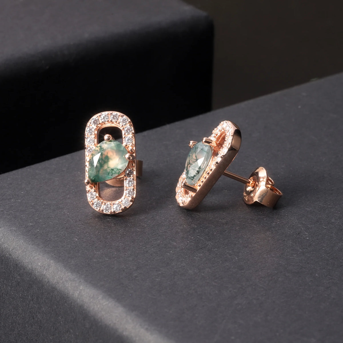 ArtistA Abiding Handcrafted 925 Silver Gold Plated White Cubic Zirconia Halo Natural Moss Agate Stud Earrings Huggie Hoop Earrings